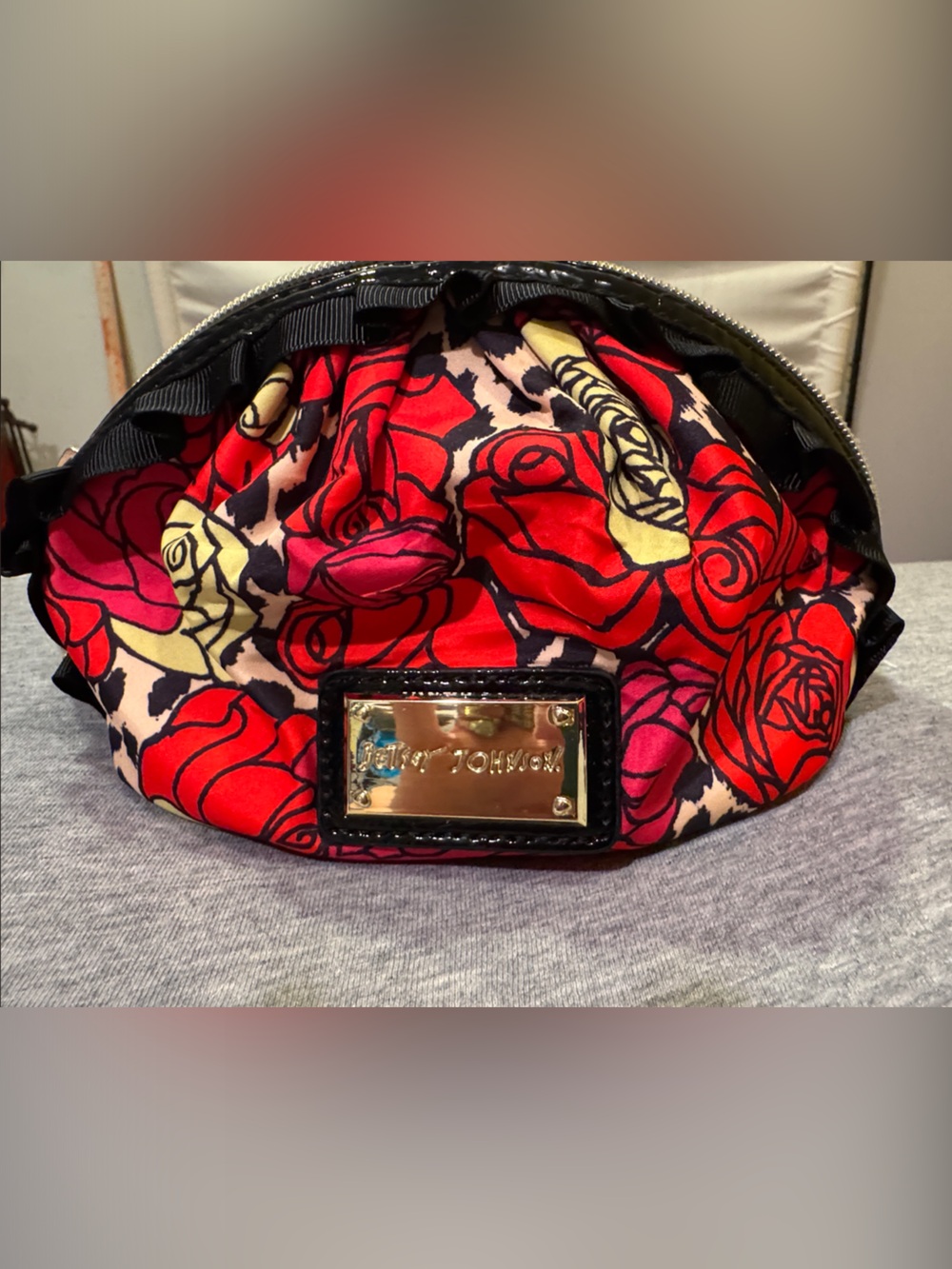 Betsey Johnson Red and Pink Rose Print Cosmetic Pouch with Cream Accents